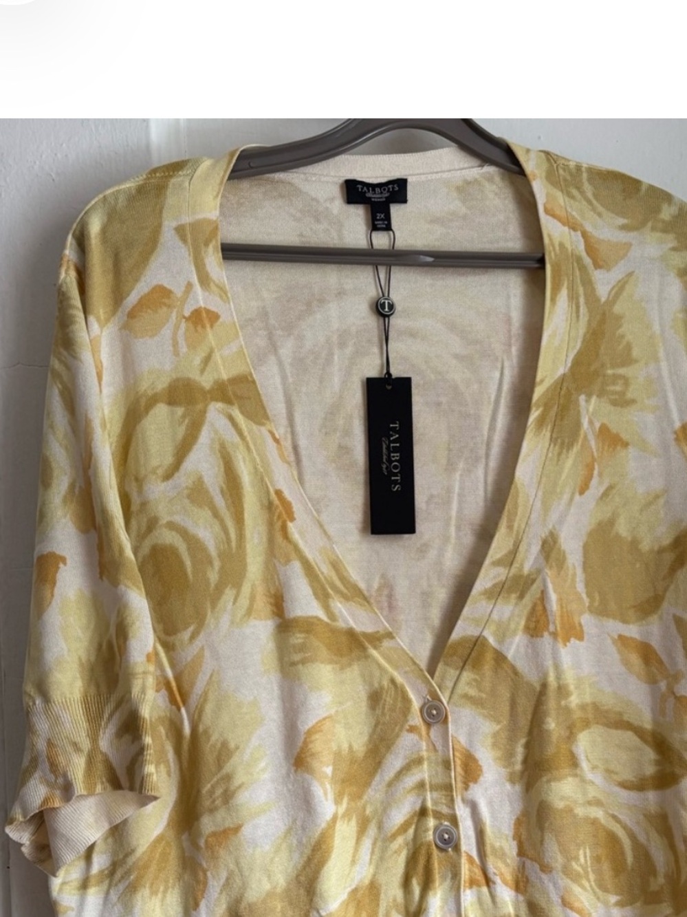 Talbots Yellow Cream Floral Button-Down Top Size 2X 55% Silk 45% Cotton